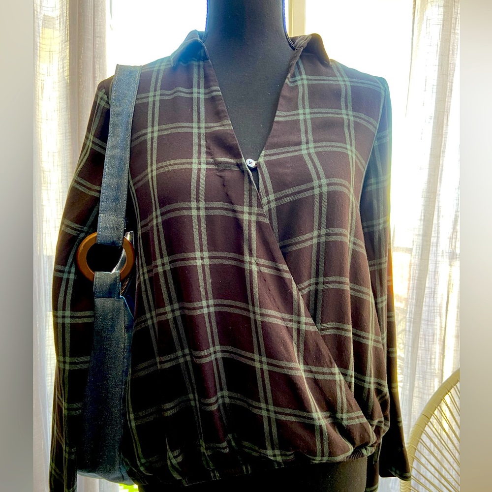 Madewell Wrap-Front Green and Black Plaid Popover Shirt, Small